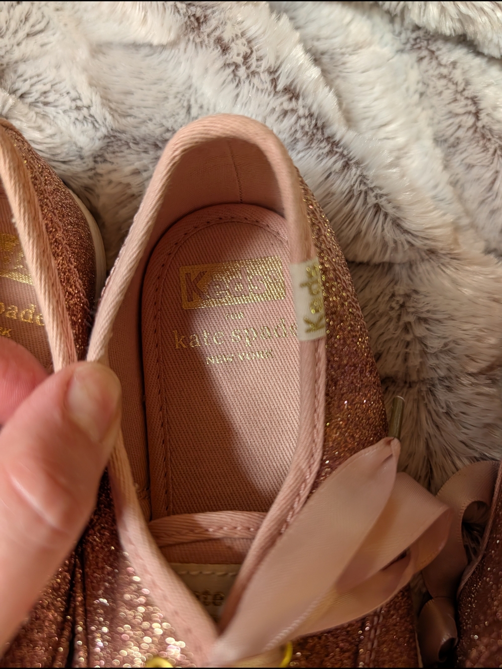 kate spade Glitter Ribbon Lace Sneakers in Blush Rose Gold - Picture 3 of 4